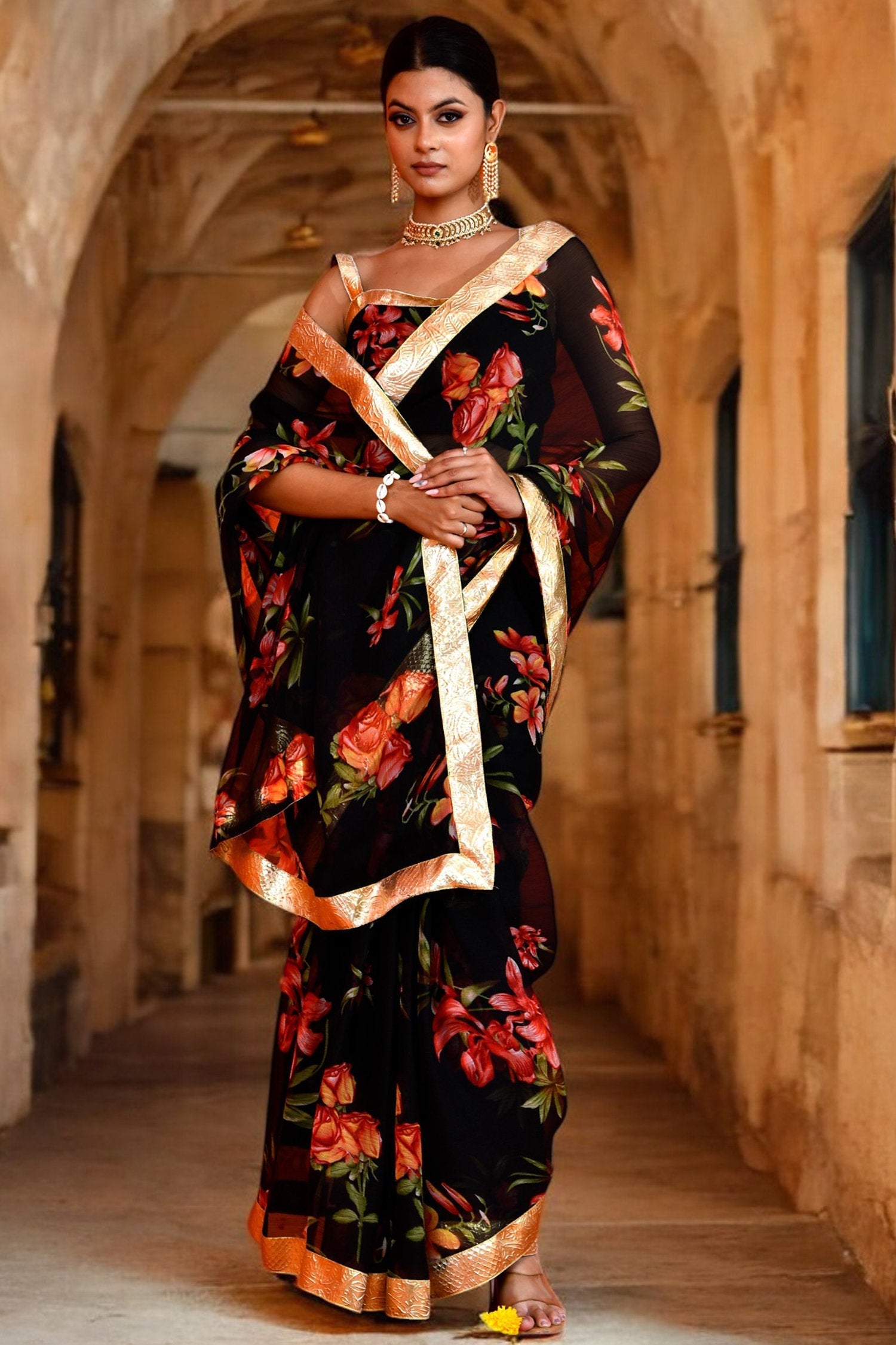 Black Floral Printed Chiffon Saree