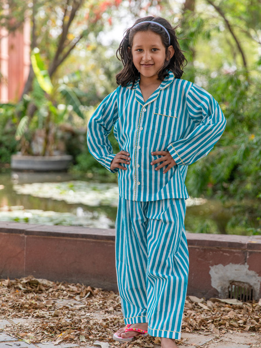 Turquoise Stripes Block Printed Cotton Top & Pyjama Set