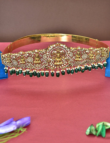 Zirconia Victorian Lakshmi Devi Belt Vaddanam With Green Beads