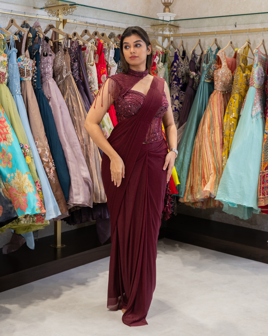 Chinon Fabric Ensemble with Heavy Moti & Stone Work Blouse and Matching Cape