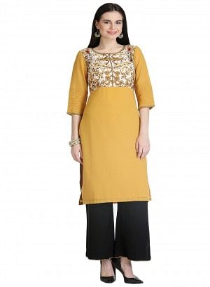 Yellow 3/4 Sleeve Printed kurta