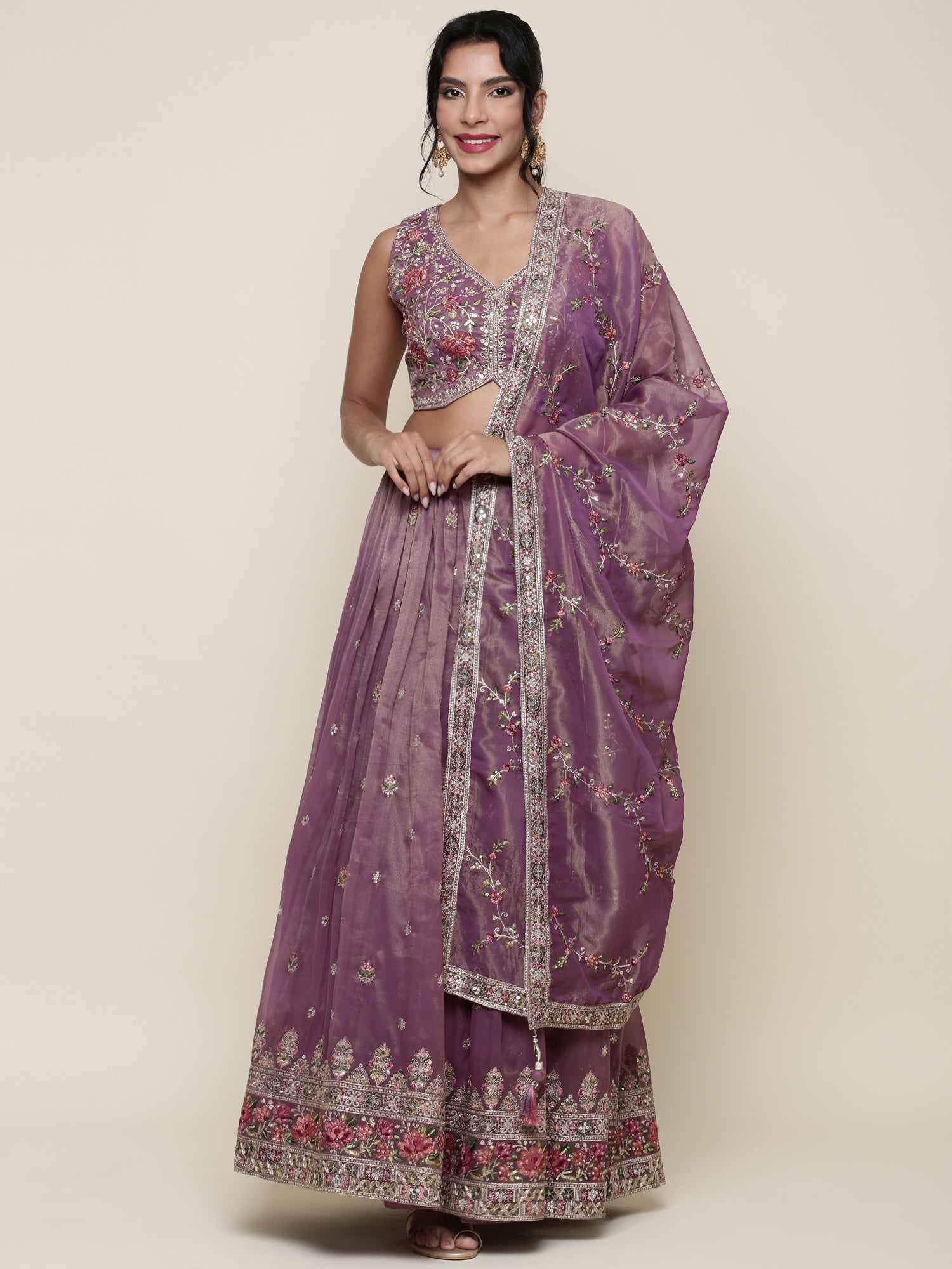 Lavender tissue embroidered Three piece ghagra set