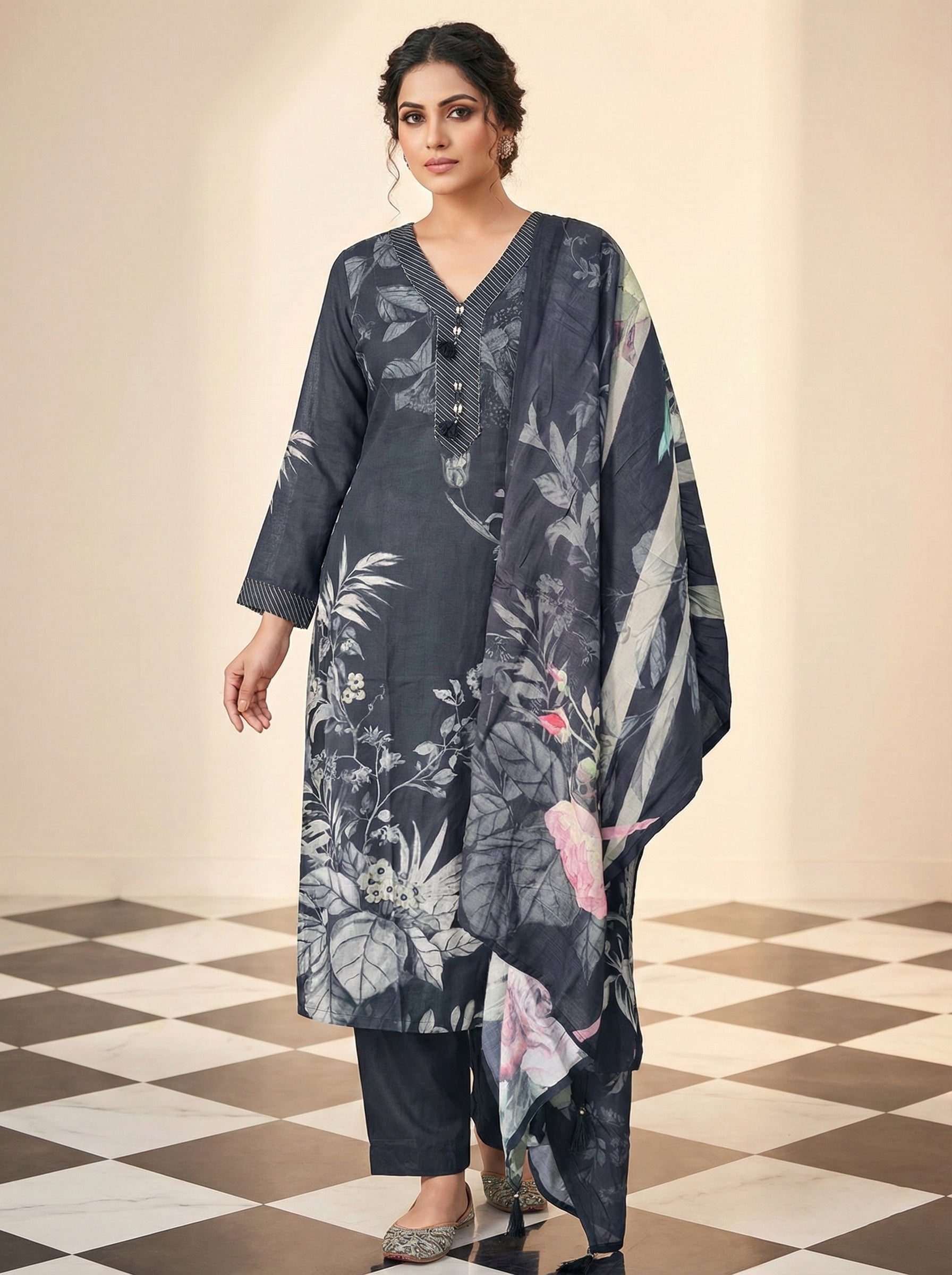 Black Muslin Floral Printed Three Piece Set