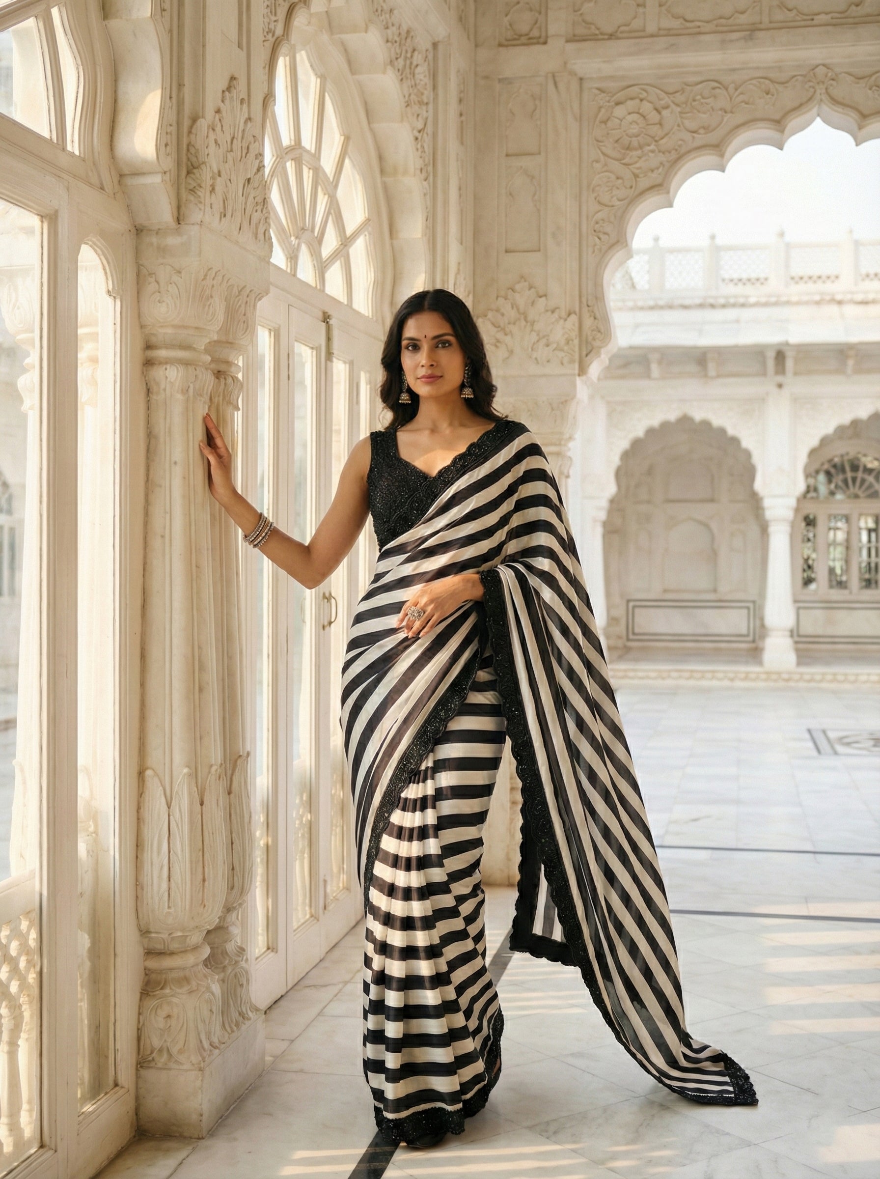 Black & White Silk Heavy Beads Saree With Readymade Blouse