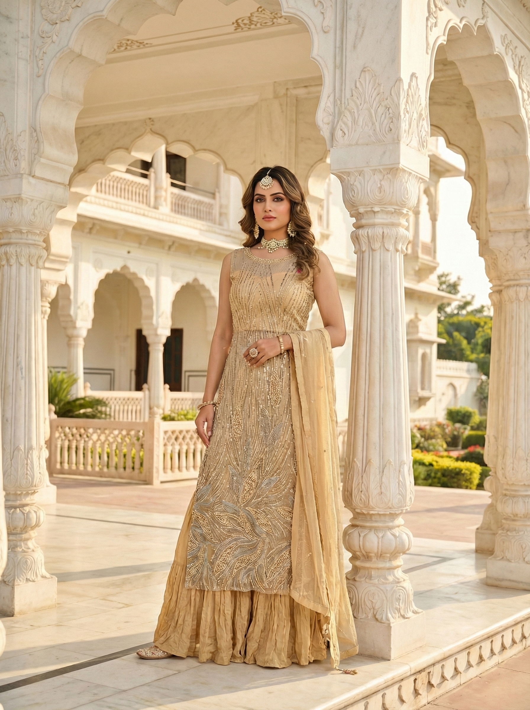 Beige Net Heavy Sequins Three Piece Suit Set