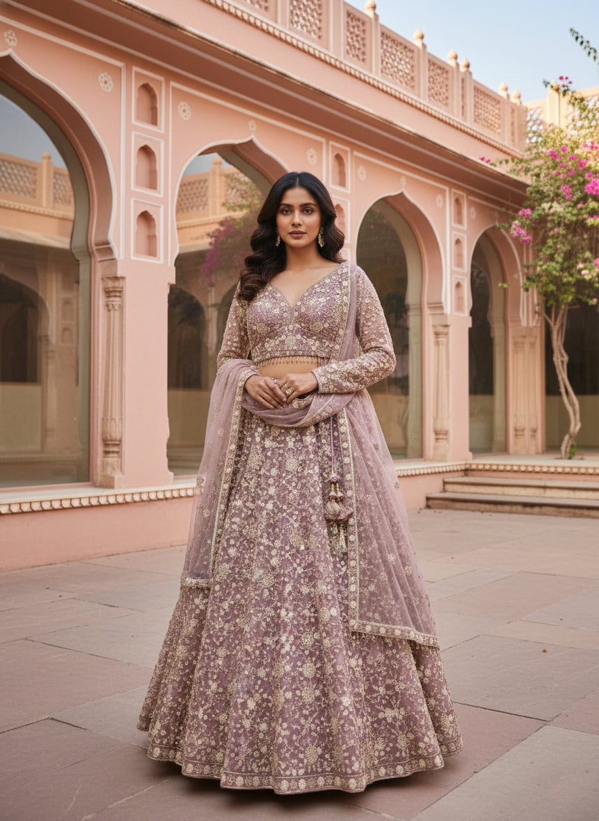 Lavender Net Heavy Floral Embroidered Ghagra Set