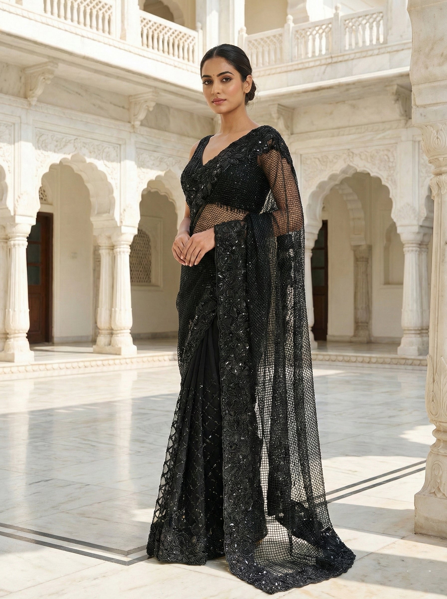 Black Net Heavy Floral Sequins And Beads Saree With Readymade Blouse