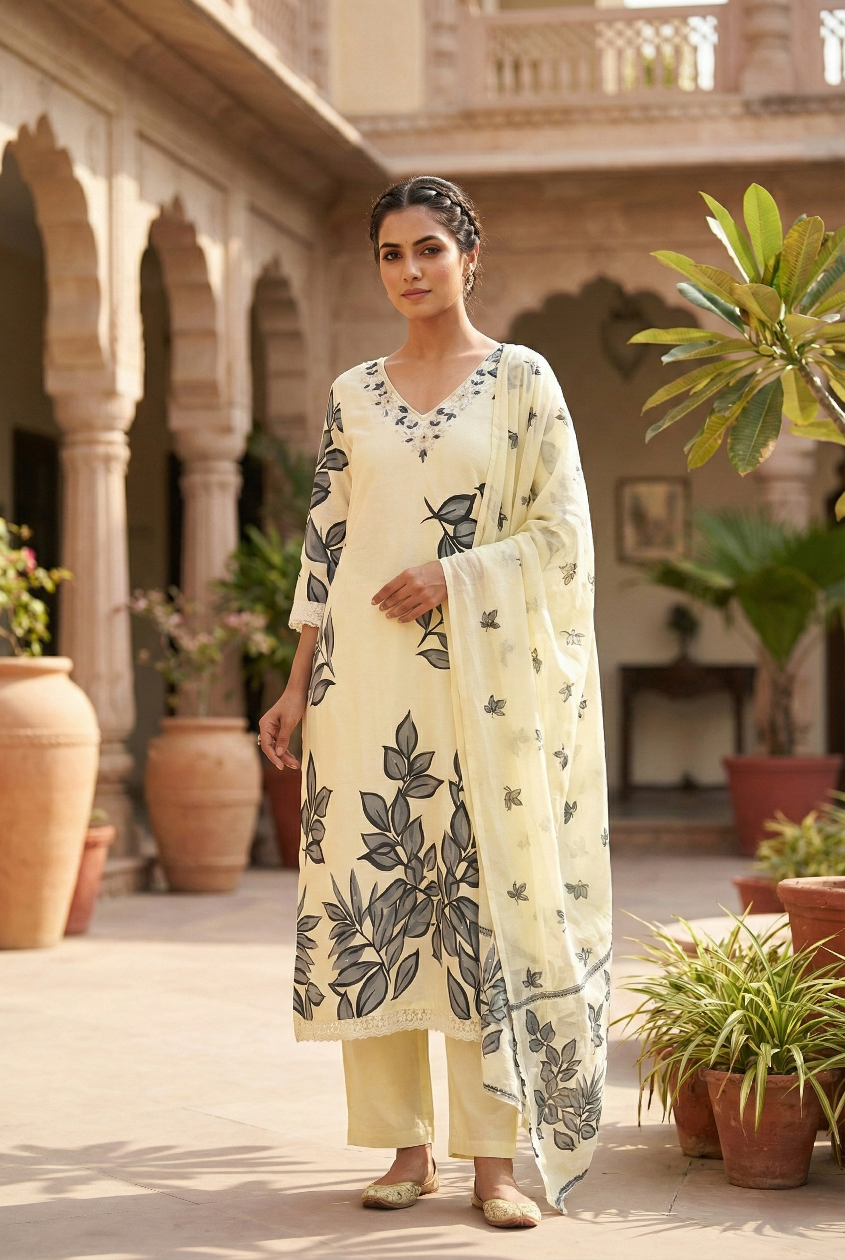 Grey Cotton Beads And Sequins Embroidered Three Piece Set