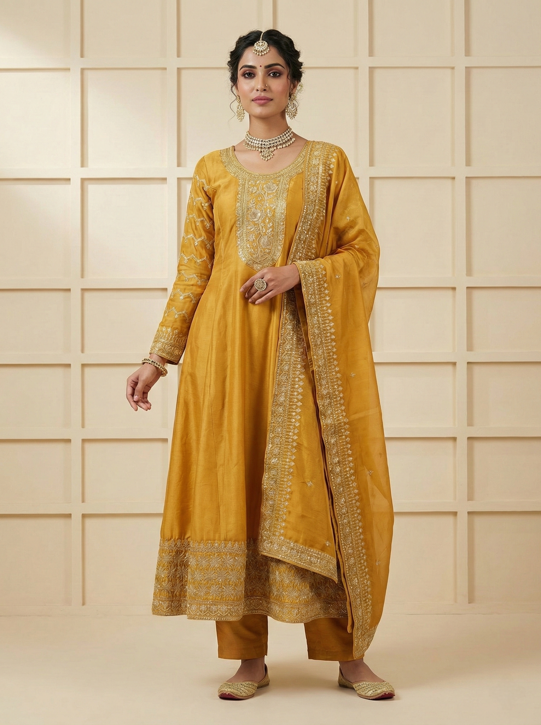 Mustard Tissue Floral Sequins Embroidered Three Piece Set