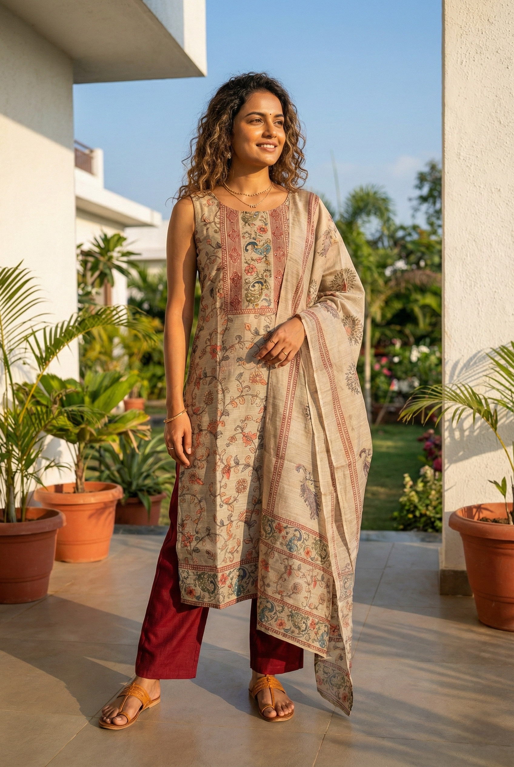Maroon Chanderi Silk Floral Printed Three Piece Set