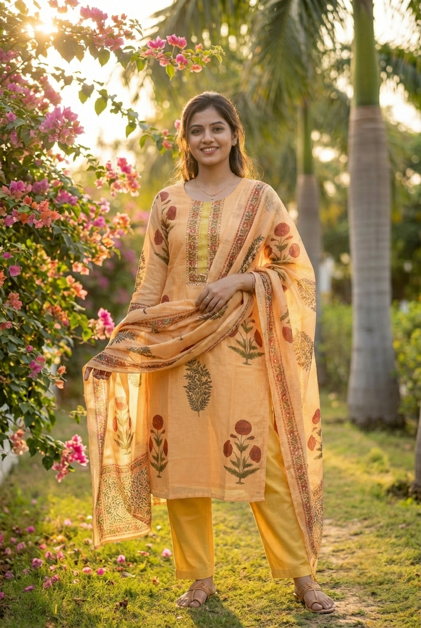 Gold Cotton Floral Printed Three Piece Set