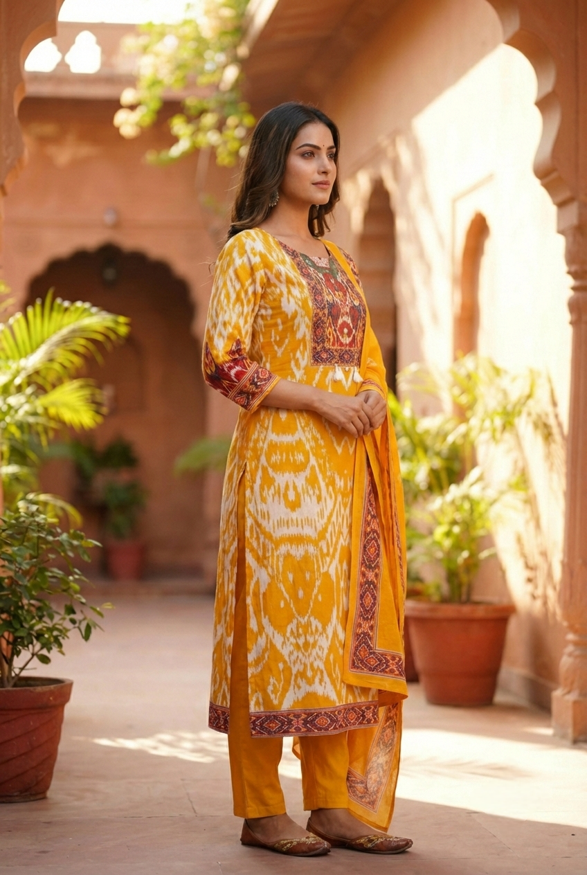 Mustard Cotton Printed Three Piece Set