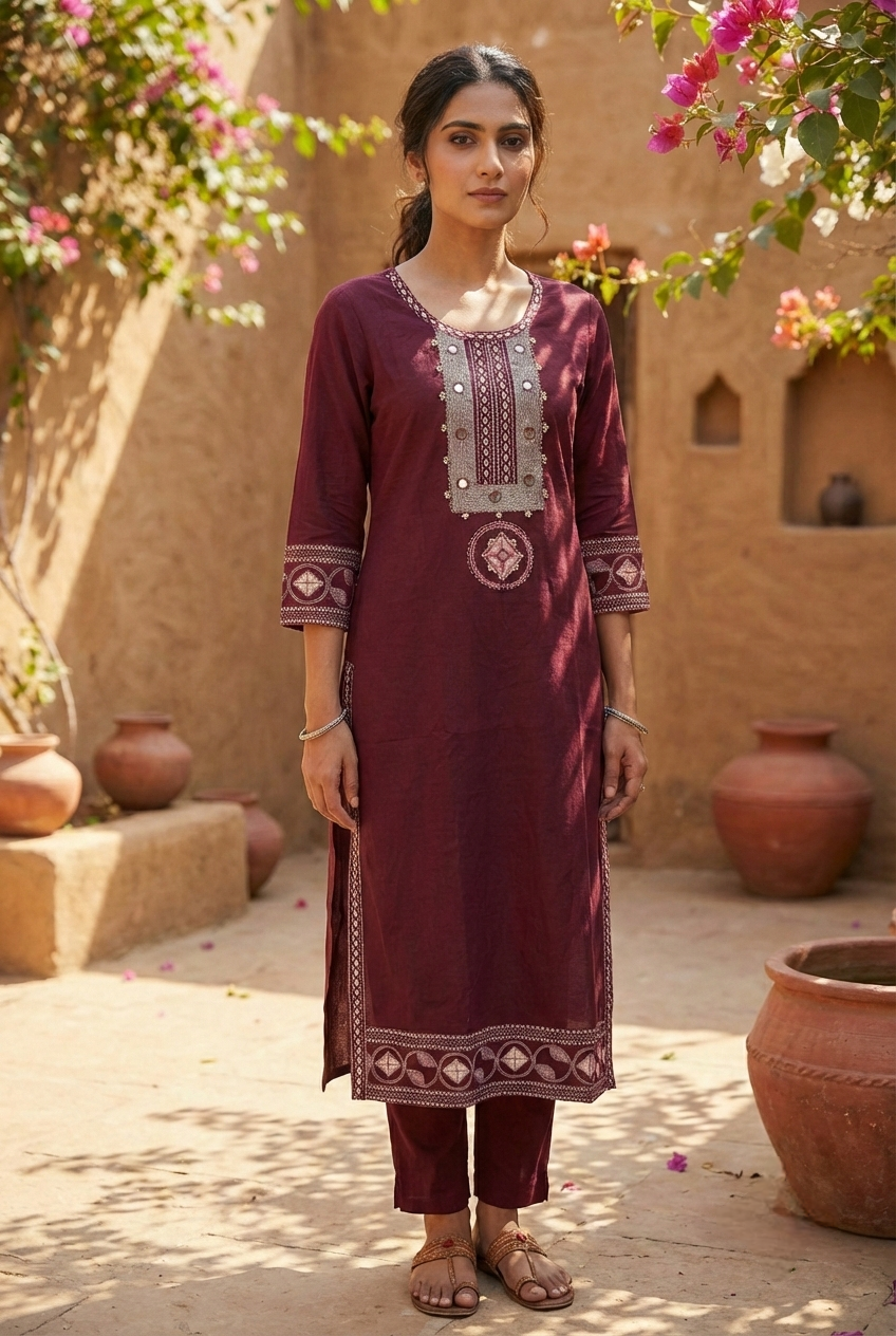 Maroon Cotton Hand Embroidery Kurta