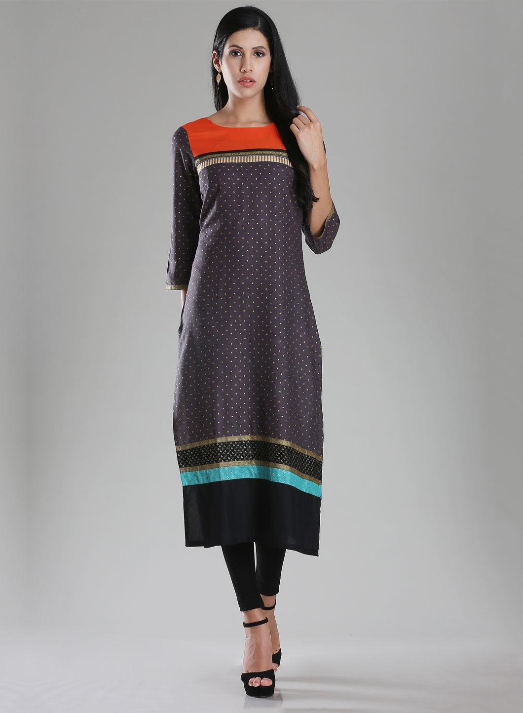 Grey Boat Neck Printed kurta