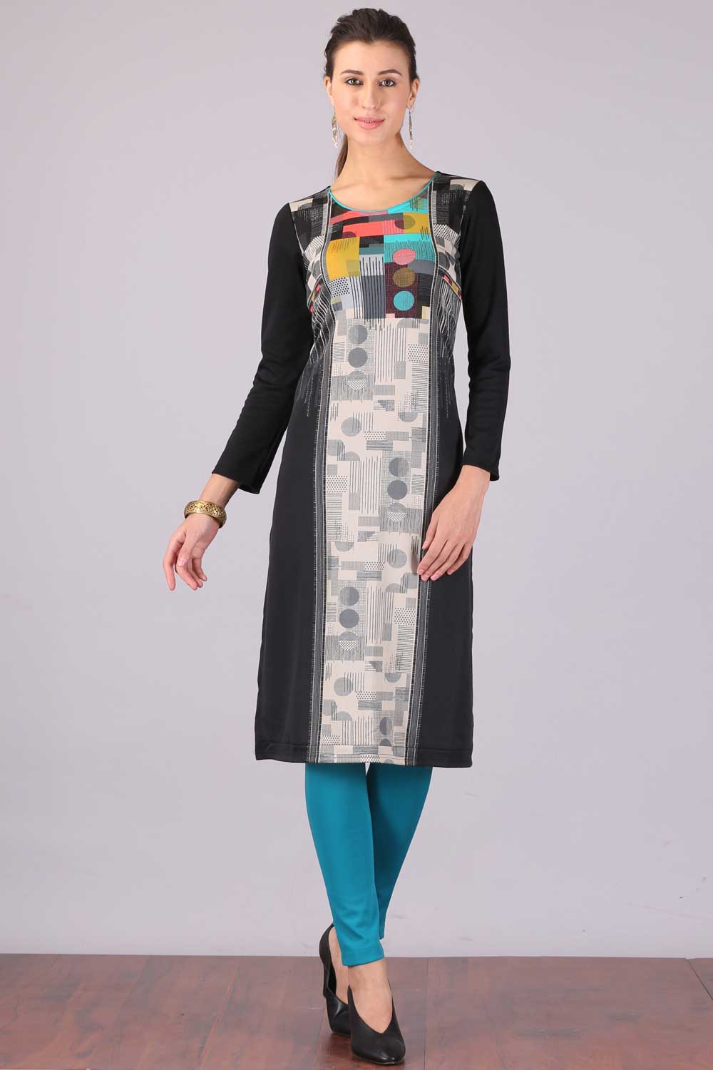 Black Printed Round Neck Winter kurta