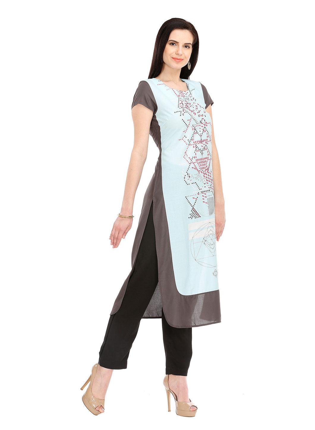 Grey Printed Short Sleeve kurta