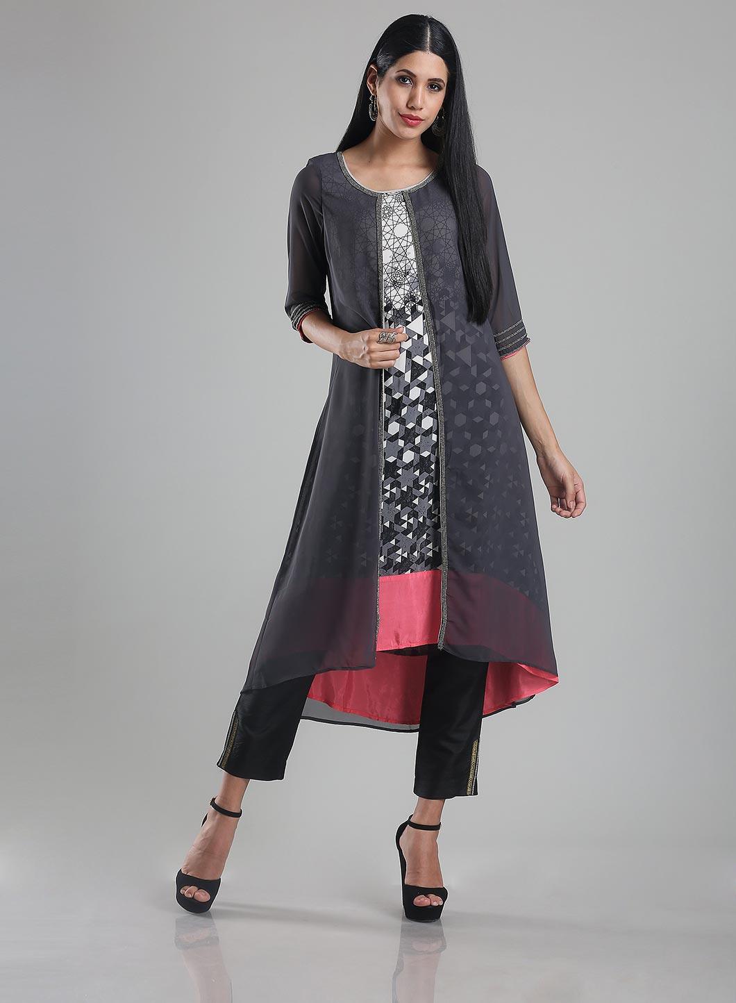 Grey & White 3/4 Sleeve Printed kurta