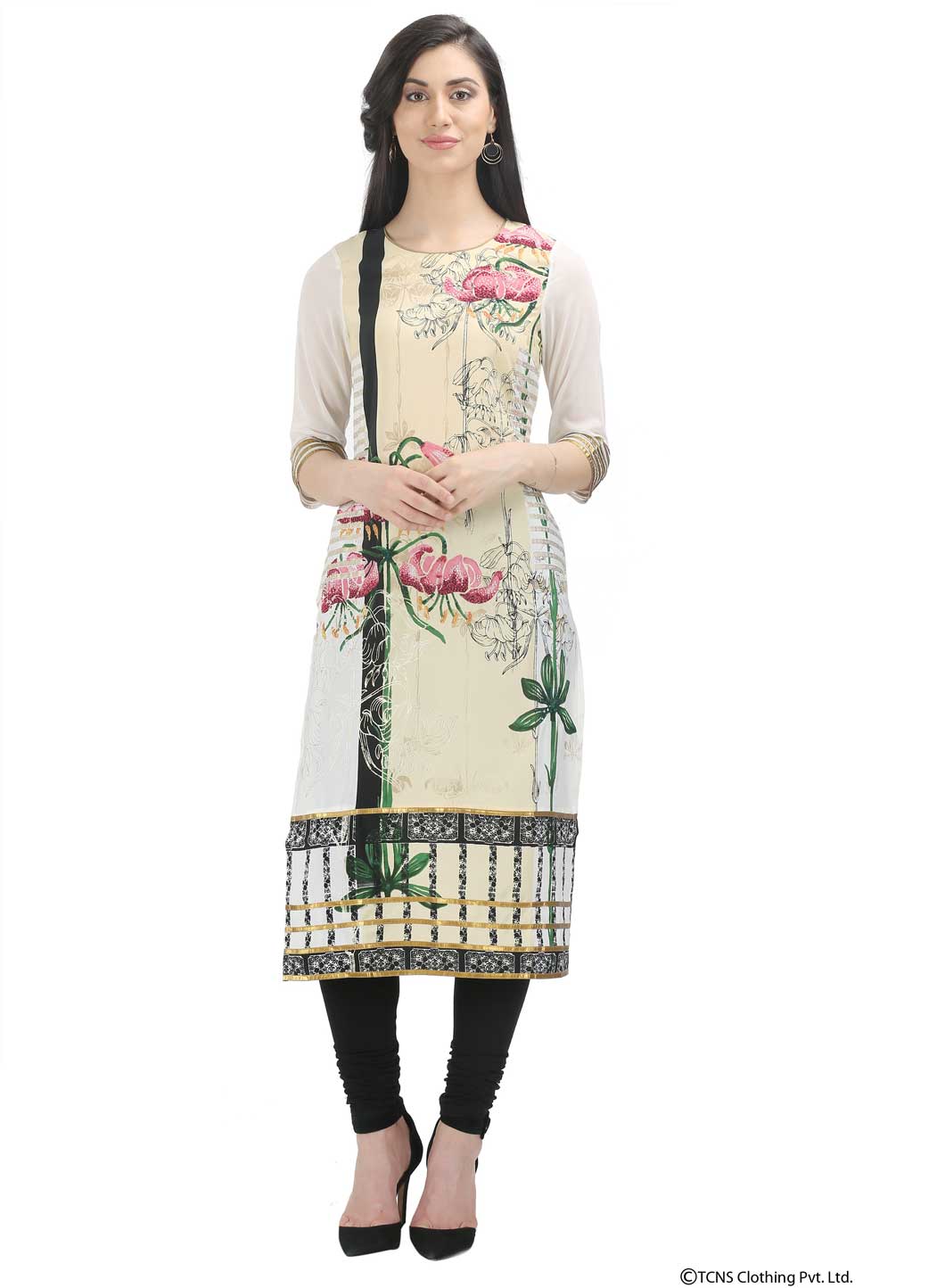 White Printed 3/4 Sleeve kurta