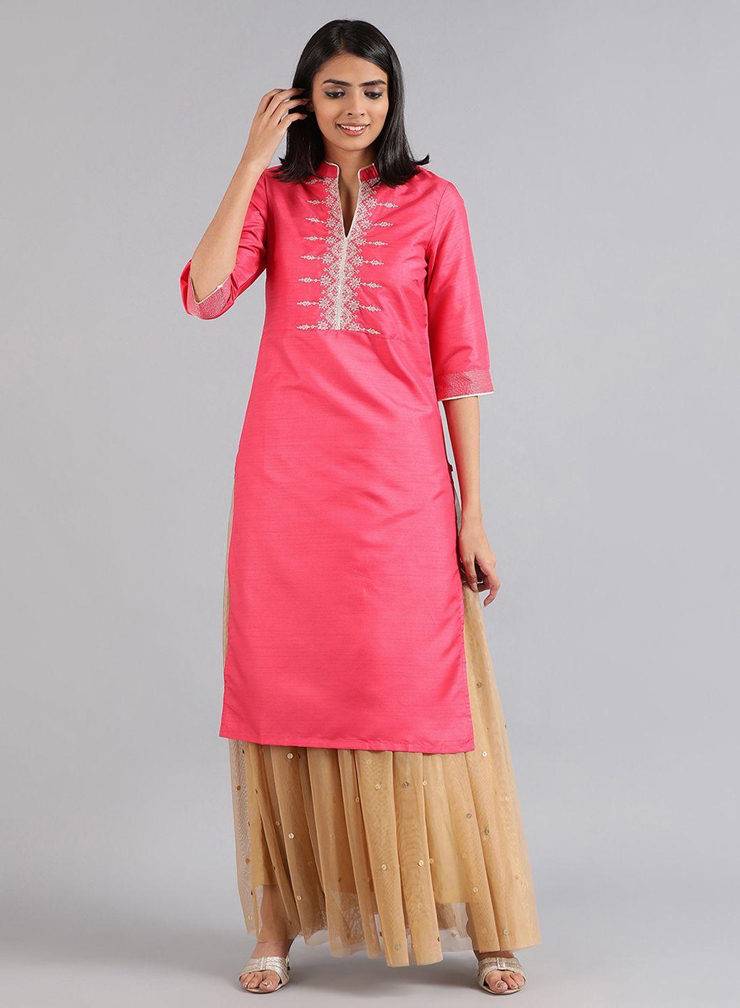 Pink Mandarin Neck Solid kurta