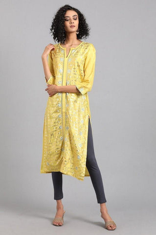 Yellow Round Neck Printed kurta