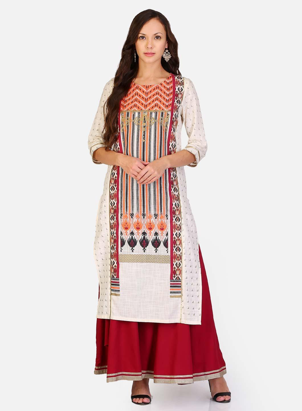 White & Maroon Round Neck Printed kurta