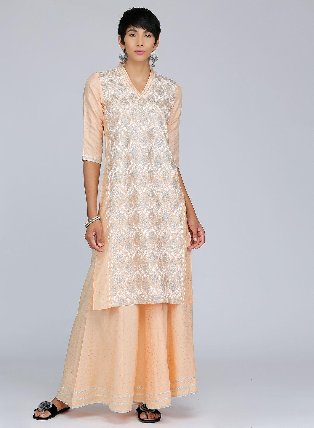 Peach V Neck Embellished kurta