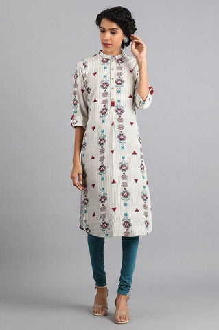 White Round Neck Printed kurta