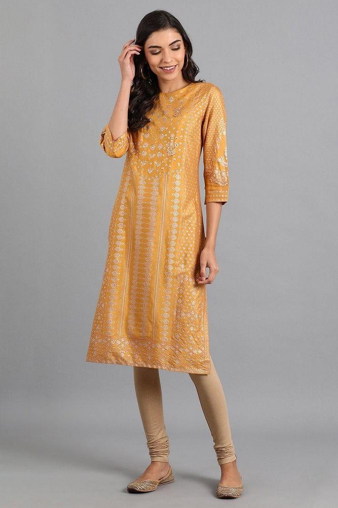 Mustard Round Neck Printed kurta