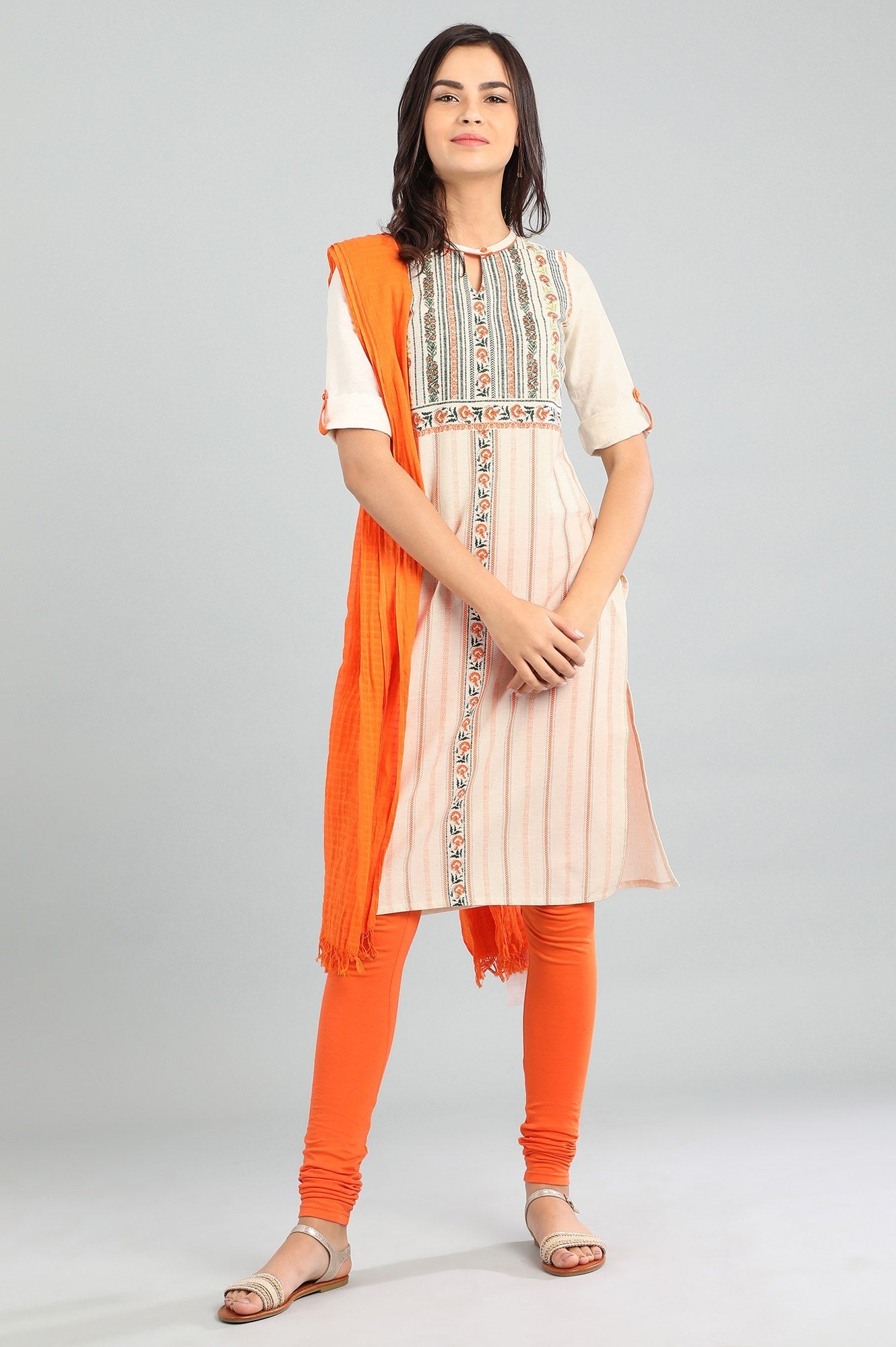 Ecru Band Collar Printed kurta