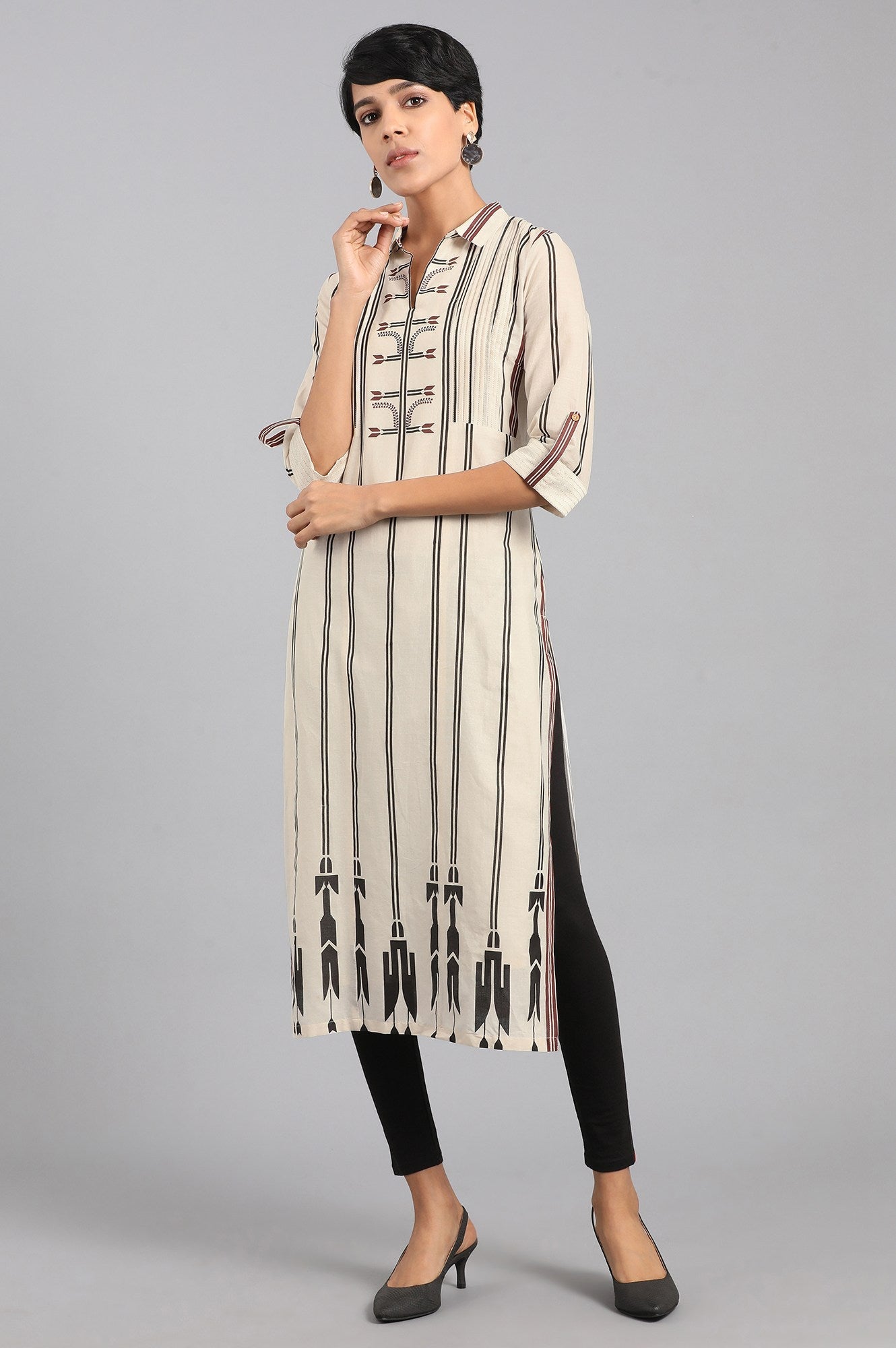 Ecru Shirt Collar Printed kurta