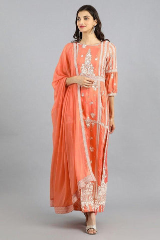 Peach Round Neck Printed kurta