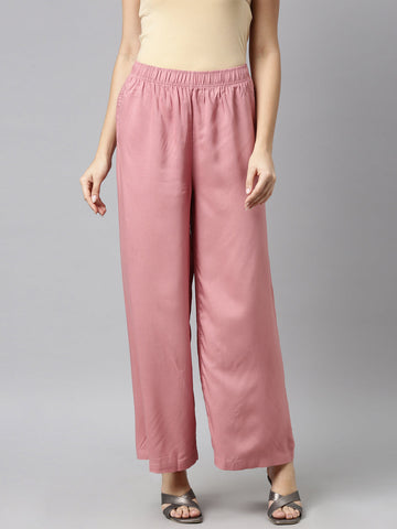 Women Solid Dusty Pink Woven Viscose Mid Rise Basic Palazzos