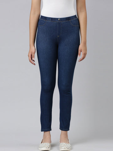 Girls Solid Blue Denim Jeggings