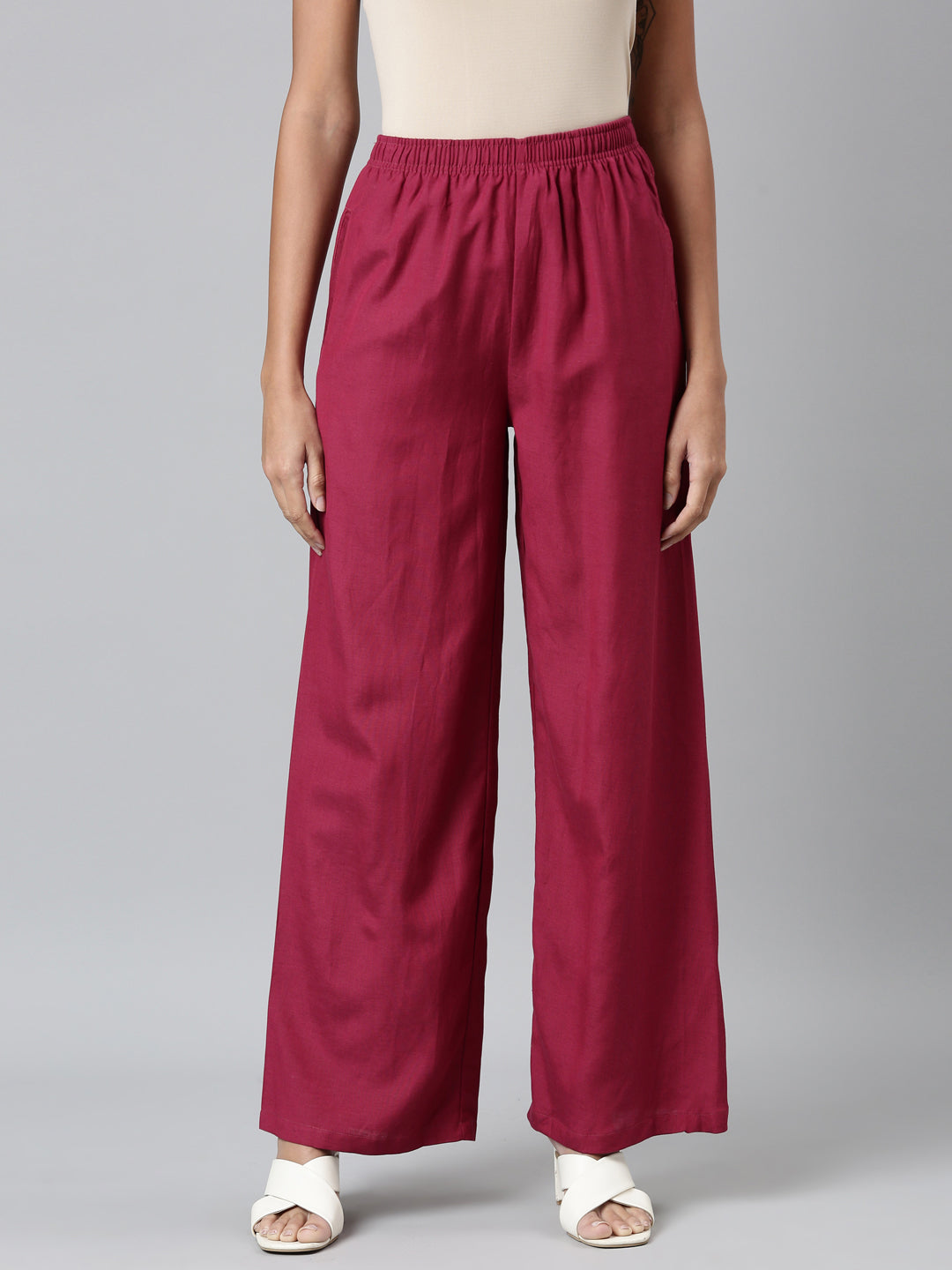 Women Dark Rose Solid Linen Palazzos