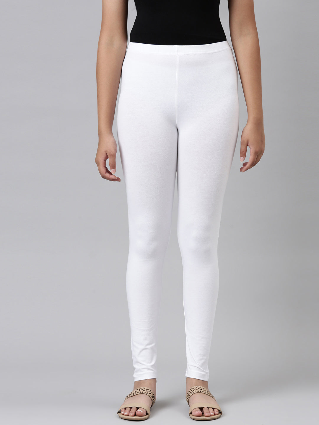 Girls Solid White Ankle Length Leggings