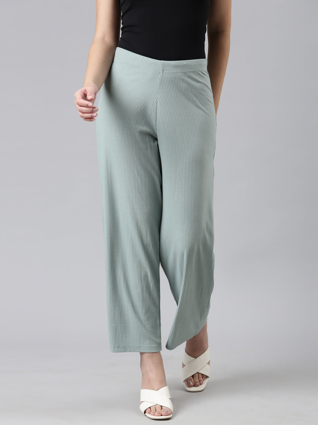 Women Solid Dusty Green Viscose Mid Rise Rib Palazzos