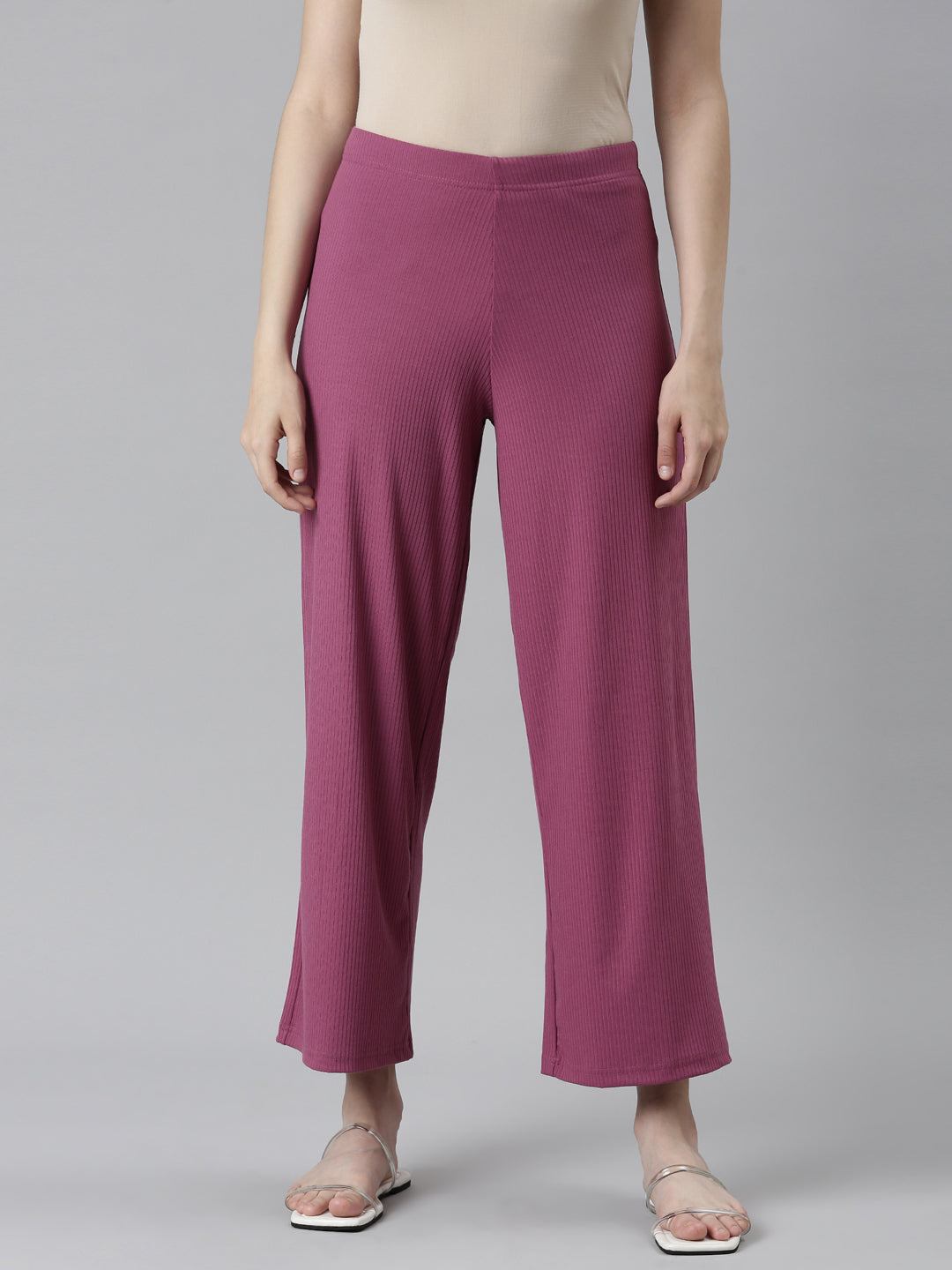 Women Solid Dark Pink Mid Rise Ribbed Palazzos