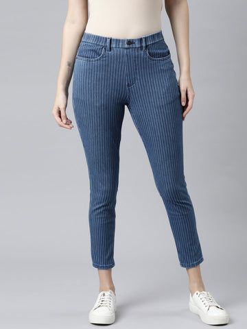 Women Striped Blue Cotton Denim Mid Rise Cropped Jeggings