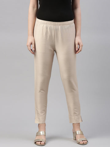 Women Medium Beige Solid Mid Rise Metallic Pants