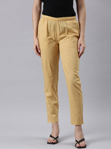 Women Solid Golden Yellow Mid Rise Cotton Pants