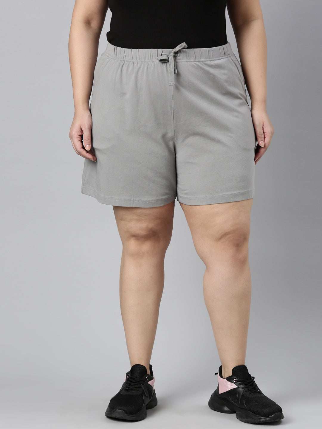 Women Solid Ebony Grey Mid Rise Casual Shorts