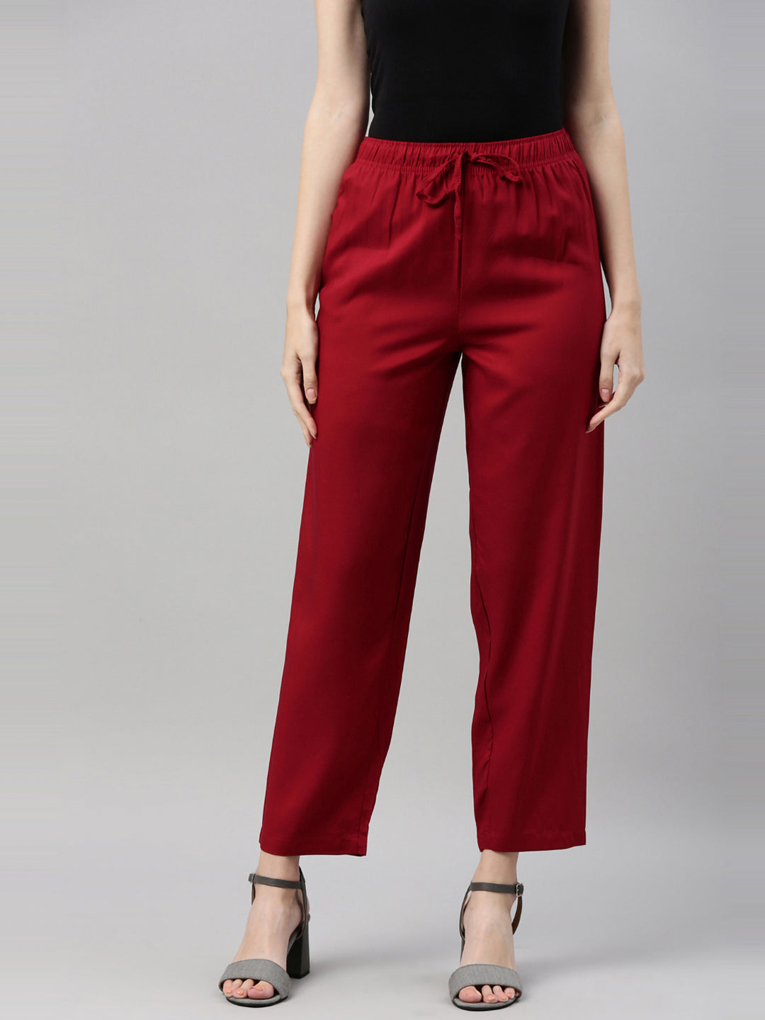 Women Solid Bright Red Viscose Mid Rise Casual Pants