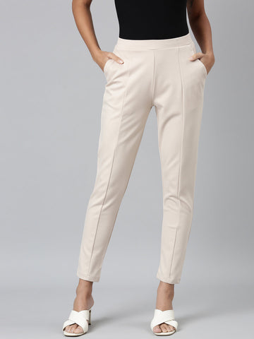 Women Solid Light Beige Stretch Ponte Pants