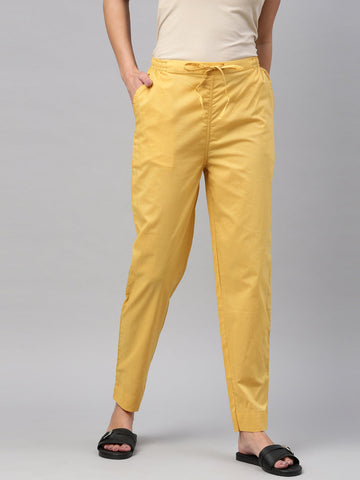 Women Solid Light Mustard Comfort Fit Cotton Pants