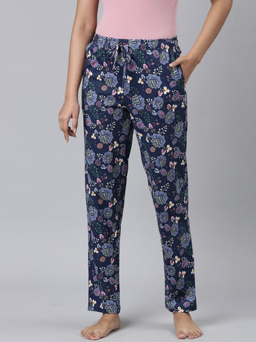 Women Printed Blue Cotton Knit Lounge Pants