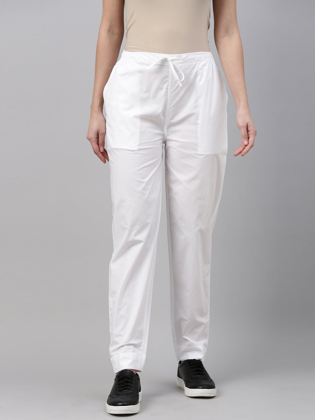 Women Solid White Comfort Fit Cotton Pants