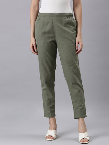 Women Olive Stripe Linen Pencil Pants