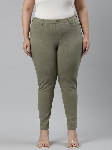 Women Olive Stripe Printed Mid Rise Jeggings