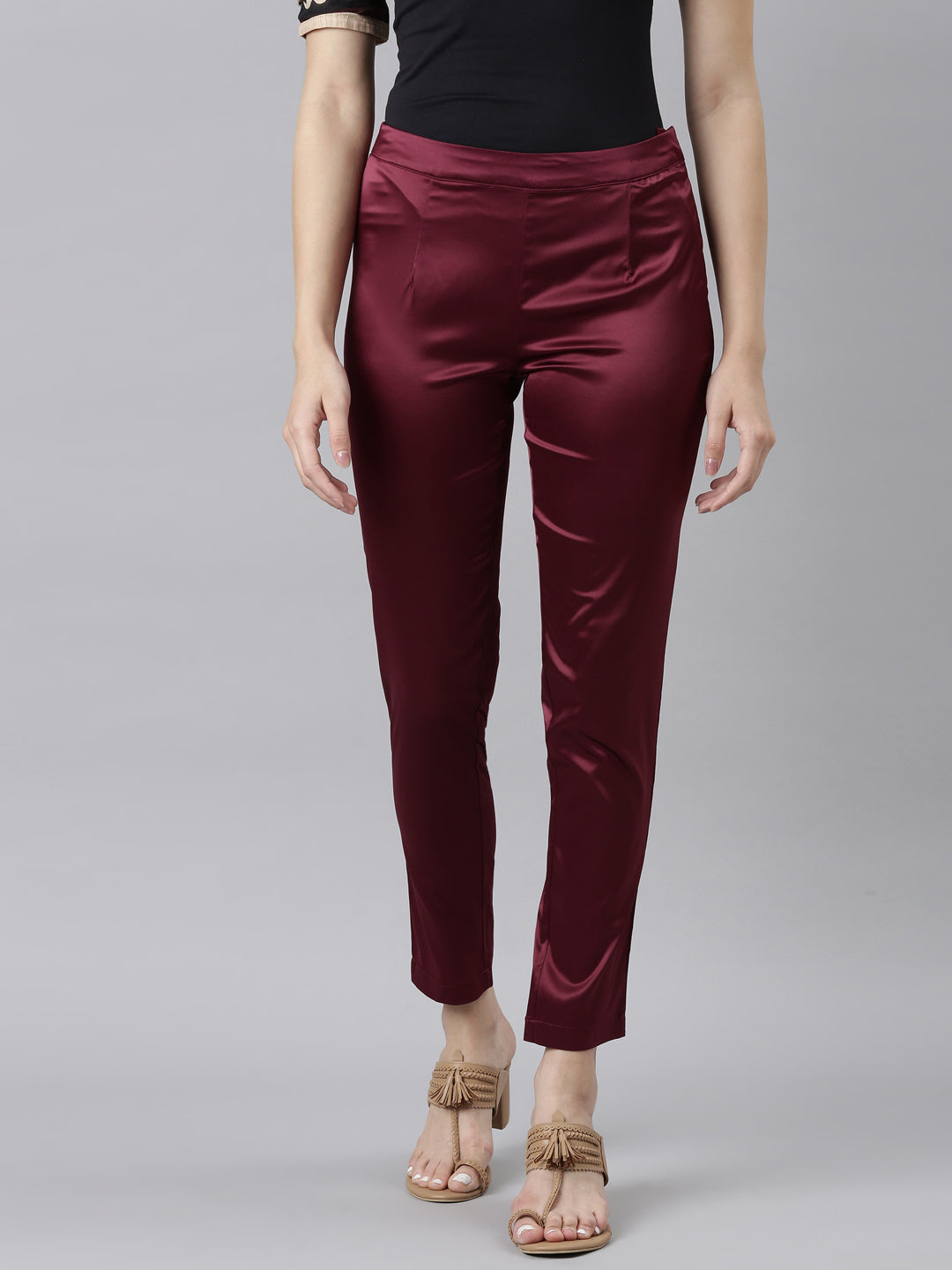 Dark Wine Polyester Shiny Pants