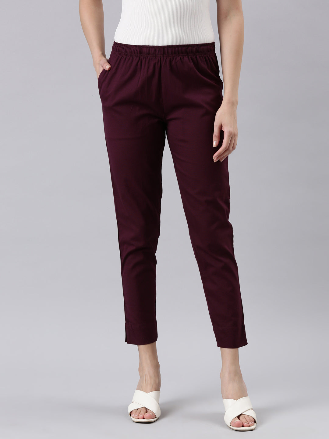 Women Solid Dark Purple Cotton Pencil Pant